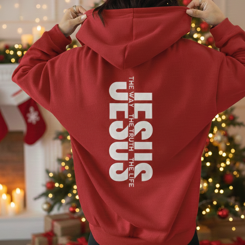 Stylish Hoodie Long Sleeve Pullover - Jesus The Way Truth Life (Back)